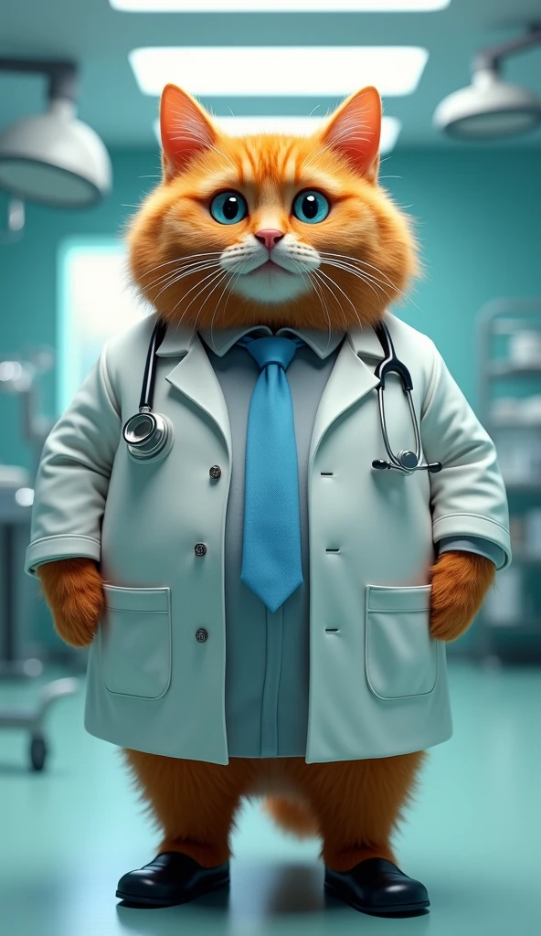 Make a picture of a fat orange cat with blue eyes, flat nose, facing the camera, wear a doctor&#39;s uniform, shoes and tie, carrying medical equipment with an operating room background, Wide, full body, 8k super realistic