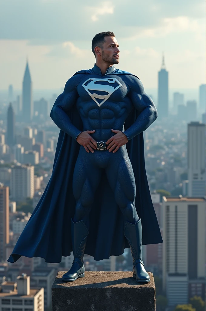 A man dressed in a navy blue and light gray superhero outfit with a cape that says Pablo Marçal , with both hands on his waist, on top of a building, looking at the horizon and behind the metropolis city of São Paulo.