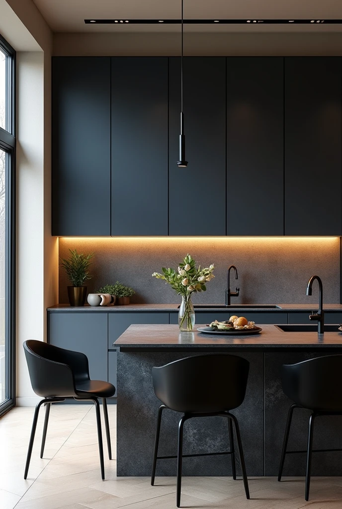 Professional 3d architecture rendering design of modern and minimal kitchen with so dark vintage blue and dark beige cabinets and modern and beautiful windows and so dark gray marble slab stone island and black modern chairs and modern accessories