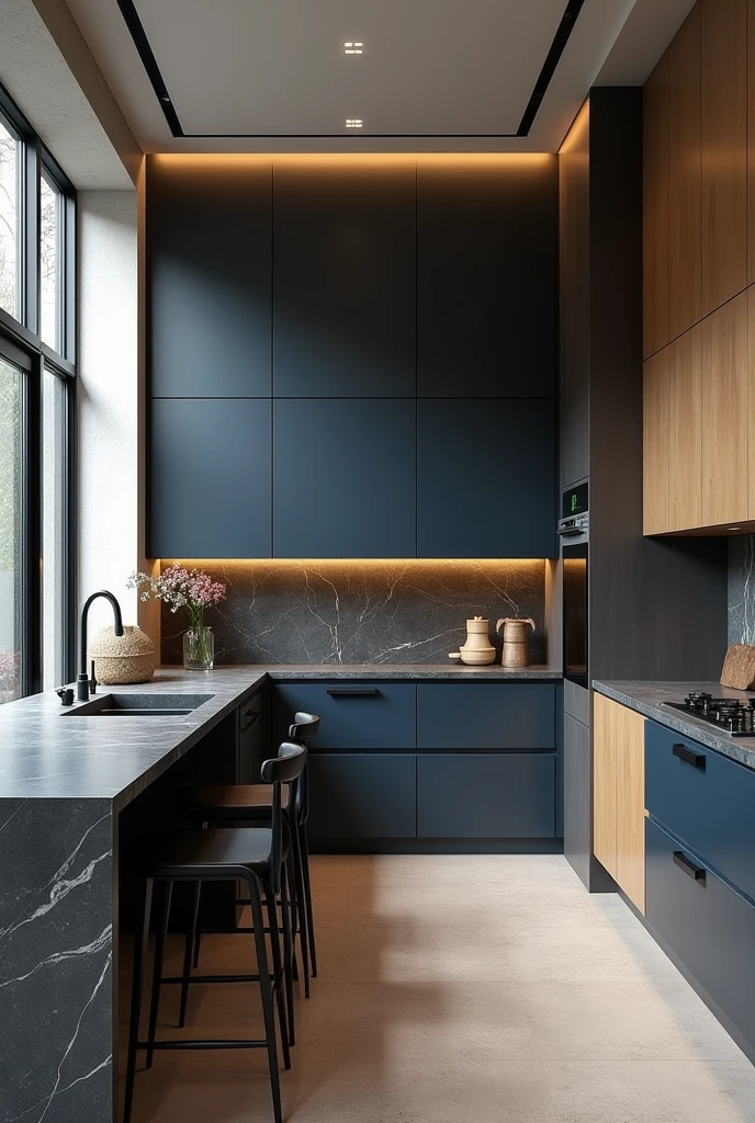 Professional 3d architecture rendering design of modern and minimal kitchen with  so dark vintage blue  and dark beige cabinets and modern and beautiful windows and  so dark gray marble slab stone island and  black modern chairs and modern accessories 