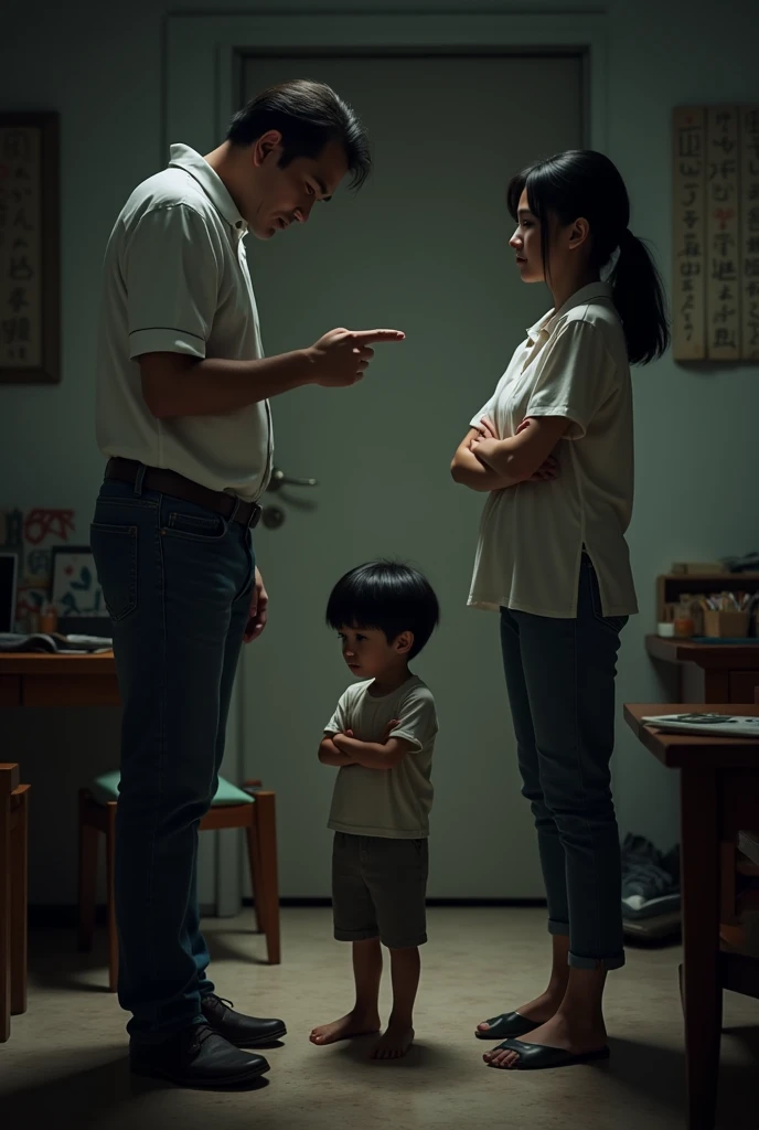 A highly realistic image of the same young boy, around with short black hair, standing in a small, dimly lit living room. The boy is wearing the same striped shirt and dark pants. He looks down at the floor with tears streaming down his cheeks, his shoulders hunched and his face flushed with shame and sadness. In front of him, his two parents are standing with angry expressions. The father, a tall man with a stern face, is pointing a finger at the boy, while the mother, with a disappointed look, has her arms crossed. The room is cluttered, with a small table and a few chairs scattered around, adding to the tense atmosphere. The scene captures a moment of emotional humiliation, where the young boy is clearly being scolded and shamed by his parents, highlighting a deep sense of vulnerability and emotional pain.