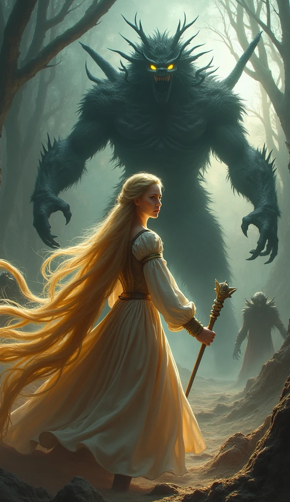 gernate a picture of rupenzal like girl fight with monster and evils