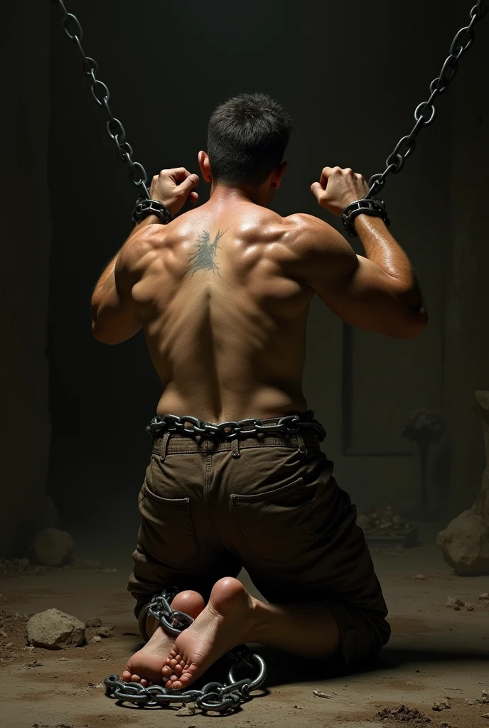 chained man, knees on the ground; without shirted; caravaggio painting; looking in the dark; super realism; from the back; hands chained together; the hand is in the back; the man is trying to lift himselp up with a lot of strenght; the arms and hands are  