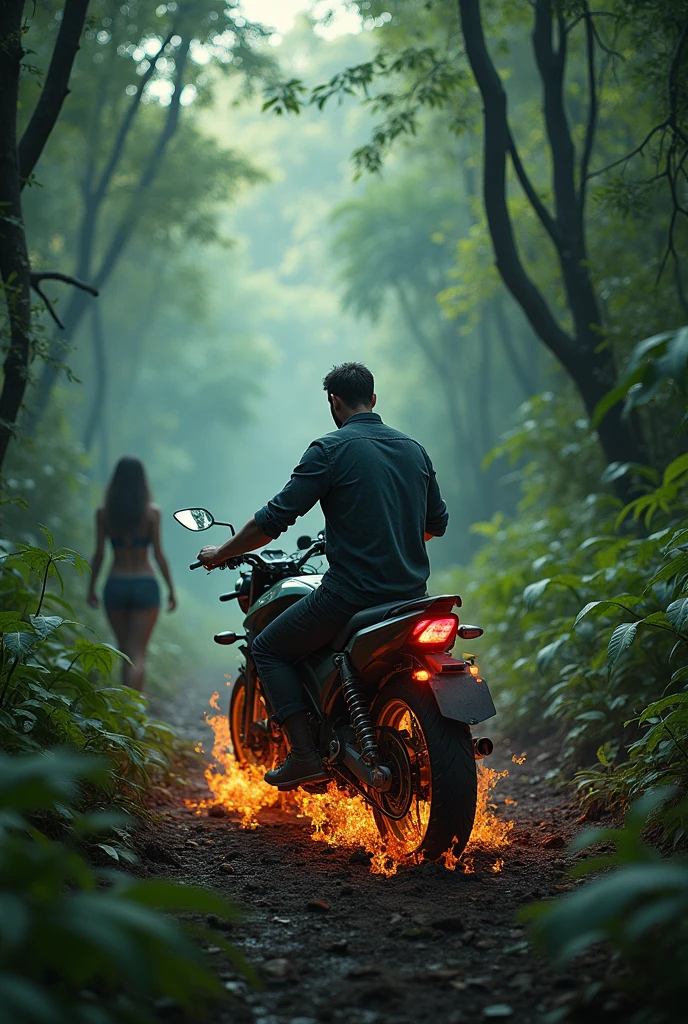 A man seating on the burning motorbike alone in jungle behind a woman man leve tha motorbike