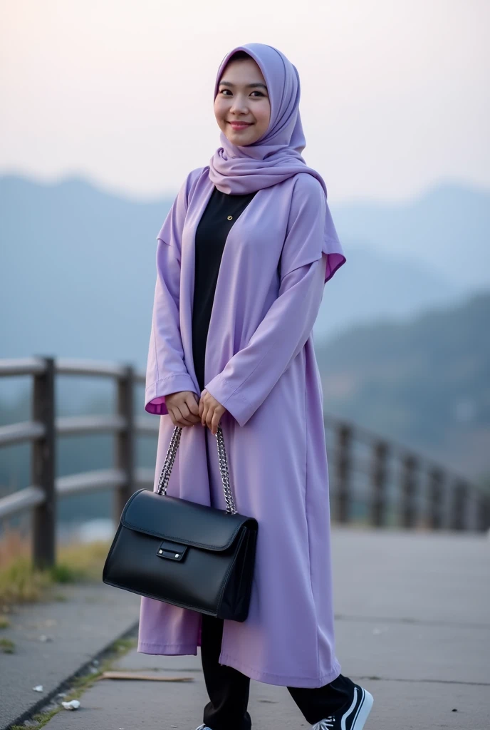 Please make me a photo of a young woman wearing a light purple hijab and a matching light blue embroidered modern robe over a black top and black torn light blueeans, wearing black and white sneakers. He was holding a black-plated handbag with a silver chain strap. He smiled softly and was standing tall looking in front of the camera. The background is blurry and out of focus, with mountains in the distance. The picture is soft and dreamy,