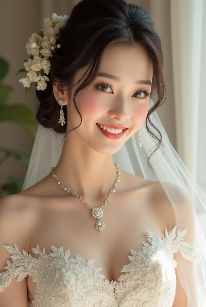 Similar to Japanese actress Kyoko Fukada、Hair up Wedding dress necklace、Earrings、smile、E cup breasts whole body