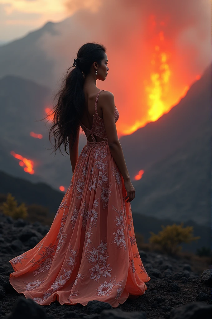 an Indonesian woman stands, facing a dramatic volcanic landscape with lava flows and a smoky sky. The person is wearing an elegant dress decorated with floral elements that blend together. Hd resolution. 3d photography