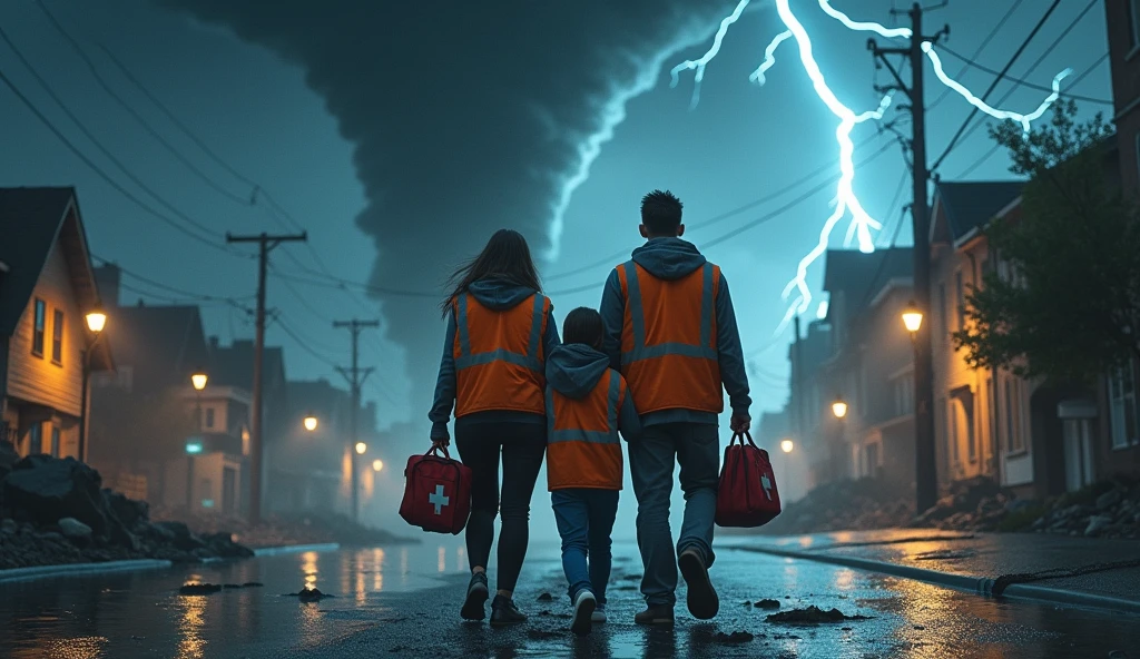 Create a dramatic and intense scene of an apocalyptic storm. Imagine uma cidade sendo devastada por um tornado monstruoso, Lightning cuts through the dark sky and raging waters invade streets. O caos reina enquanto pessoas desesperadas correm em busca de abrigo, Houses are destroyed, And the scenario is one of total despair.

Entretanto, at the heart of this devastation, Focus on a family. Apesar do terror ao seu redor, They are protected and prepared. Visualize a mother, Um pai e um filho, todos vestindo coletes refletivos emergenciais e segurando um kit de socorros. Seus rostos mostram medo, but also determination to survive. Eles se protegem mutuamente, with their arms wrapped around their body and their hands firmly holding the emergency kits.

The mother holds the kit with one hand and protects the child with the other, enquanto o pai, com olhar tenso, segura o kit firmemente e olha ao redor, Constantly assessing the situation. The water is rising around them, But they are steadfast in their determination to survive. Capture the mix of terror and hope on their faces, mostrando que, apesar do desastre ao seu redor, They are united and prepared to face the worst.