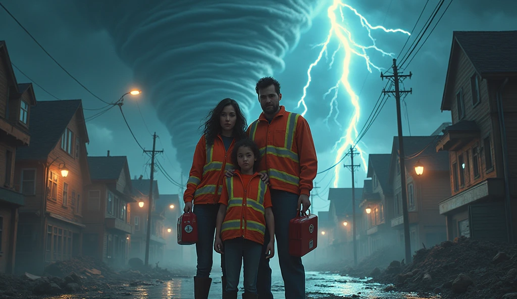 Create a dramatic and intense scene of an apocalyptic storm. Imagine uma cidade sendo devastada por um tornado monstruoso, Lightning cuts through the dark sky and raging waters invade streets. O caos reina enquanto pessoas desesperadas correm em busca de abrigo, Houses are destroyed, And the scenario is one of total despair.
Entretanto, at the heart of this devastation, Focus on a family. Apesar do terror ao seu redor, They are protected and prepared. Visualize a mother, Um pai e um filho, todos vestindo coletes refletivos emergenciais e segurando um kit de socorros. Seus rostos mostram medo, but also determination to survive. Eles se protegem mutuamente, with their arms wrapped around their body and their hands firmly holding the emergency kits.
The mother holds the kit with one hand and protects the child with the other, enquanto o pai, com olhar tenso, segura o kit firmemente e olha ao redor, Constantly assessing the situation. The water is rising around them, But they are steadfast in their determination to survive. Capture the mix of terror and hope on their faces, mostrando que, apesar do desastre ao seu redor, They are united and prepared to face the worst.
