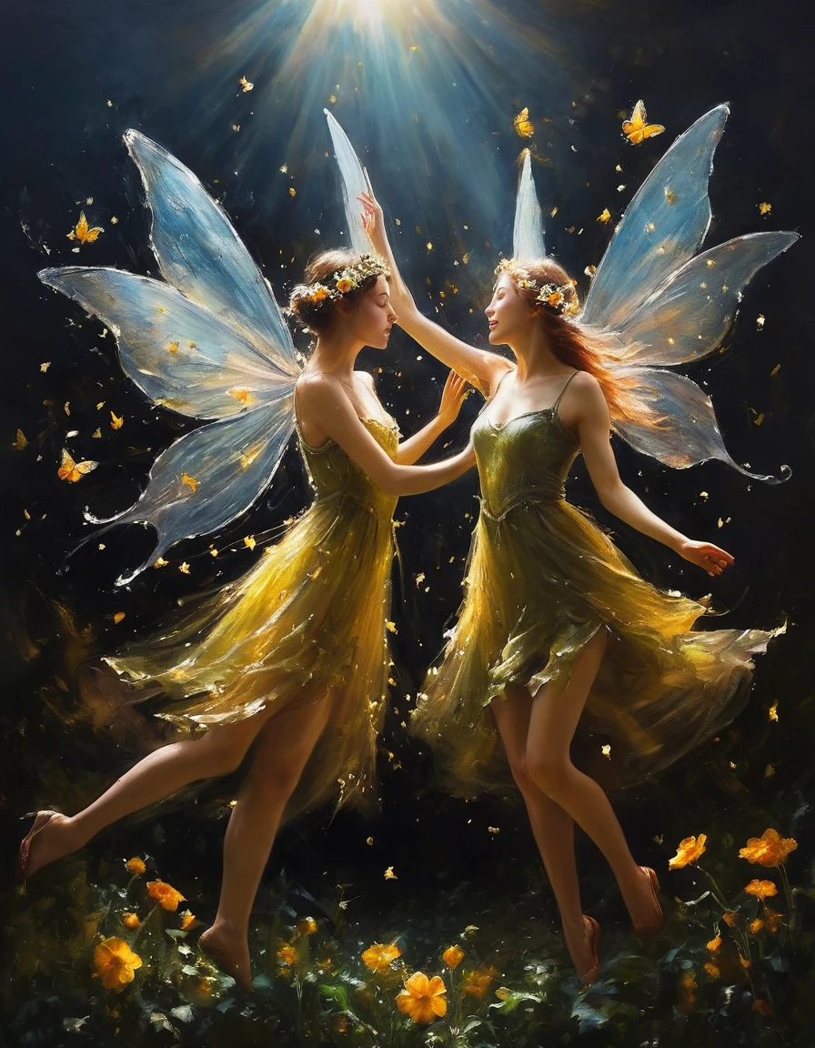 painting of a three fairies dance circling over flowers in a sunny magical garden, everything is permeated with light, dark atmosphere, cinematic scene, volumetric lights, ultra realistic, in the style of nicola samori