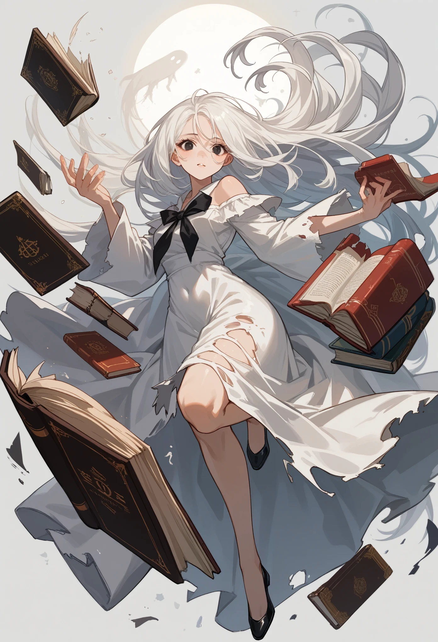 score_9, score_8_up, score_7_up, score_6_up, score_5_up, score_4_up, BREAK source_anthro, source_anime, rating_explicit, ((adult)), BREAK , ghost, book spirits, 1girl, white hair, hair with letters, hair with text on it, ripped paper pages hair, book pages paper dress, black eyes, floating, levitate, best quality, super detailed, high detail