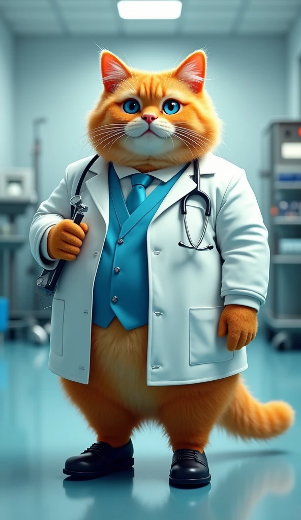 Make a picture of a fat orange cat with blue eyes, flat nose, facing the camera, wear a doctor&#39;s uniform, shoes and tie, carrying medical equipment with an operating room background, Wide, full body, 8k super realistic