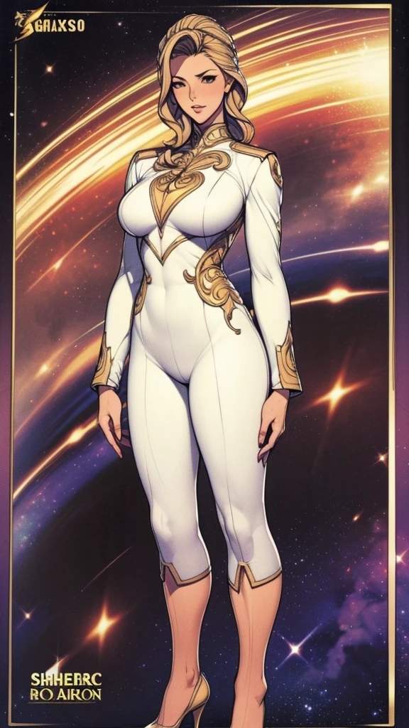 Full body picture:(masterpiece:1.2, best quality),(Very detailed),8K,wallpaper,1 female,Become a,Full body picture,SheRaQuiron character,High heel,Tall figure,Long legs,muscular,((Gold Metal Squadron Uniform)),(((Better Hands))),((Galaxy Flash in the background)),Random Hairstyle,Random Pause,(((Beautiful female hands,Detailed drawing of a hand)))
