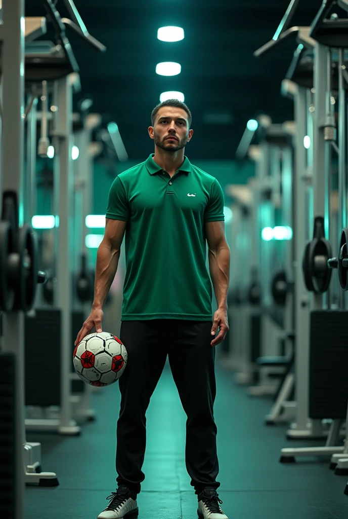 a man wearing black pants and green shirt ,standing in front of fitness equipment inside a shop, looking ahead, holding a soccer ball, photorealistic, dynamic lighting, highly detailed, 8k, best quality