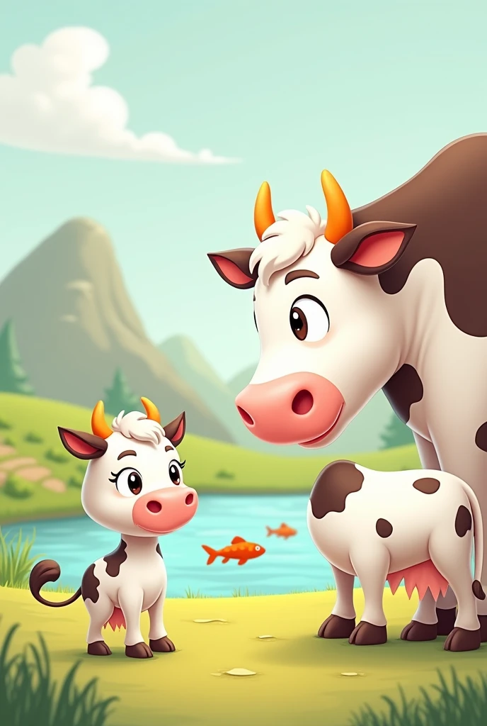 2d cartoon style"a child cow(colour of cow is white with black spots) talking to mother cow (fish swimming in the lake(small lake). In the lake has few fish, image viewed angle from very long distance.