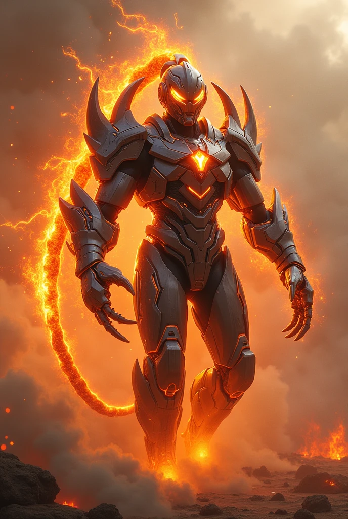 Create superhero with suit full body armour look alike kamen rider with scorpion element smoke effect background at desert lava effect on suit fighting action