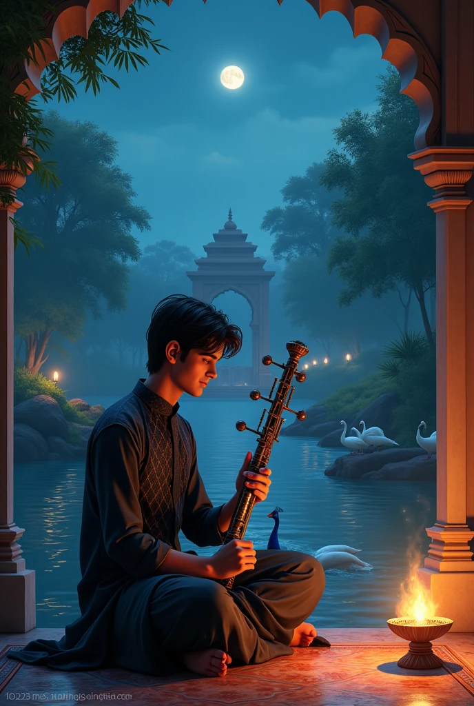 Night background with moon
Hindustani hall
Inside hall a young handsome men with black diamond kurta with vennai instrument
Besides him kuthu vilakku
Around the hall river with swans and peacock on the rock with proud or in the top of hall
Trees
A bit far n peacock n building visible more