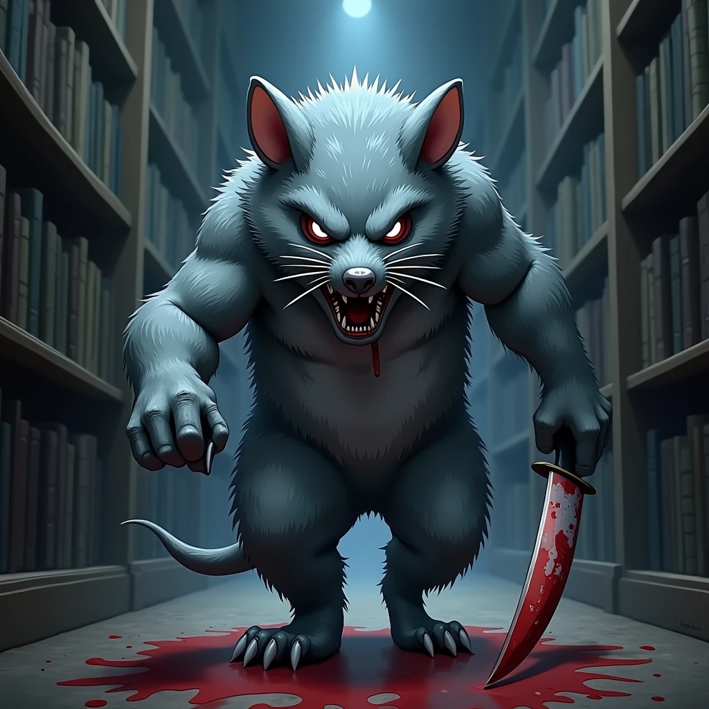 A Big frightening mole mascot have a grey. The costume is blood-stained and carries a knife, moving through the dimly lit corridors of the library. Anime style