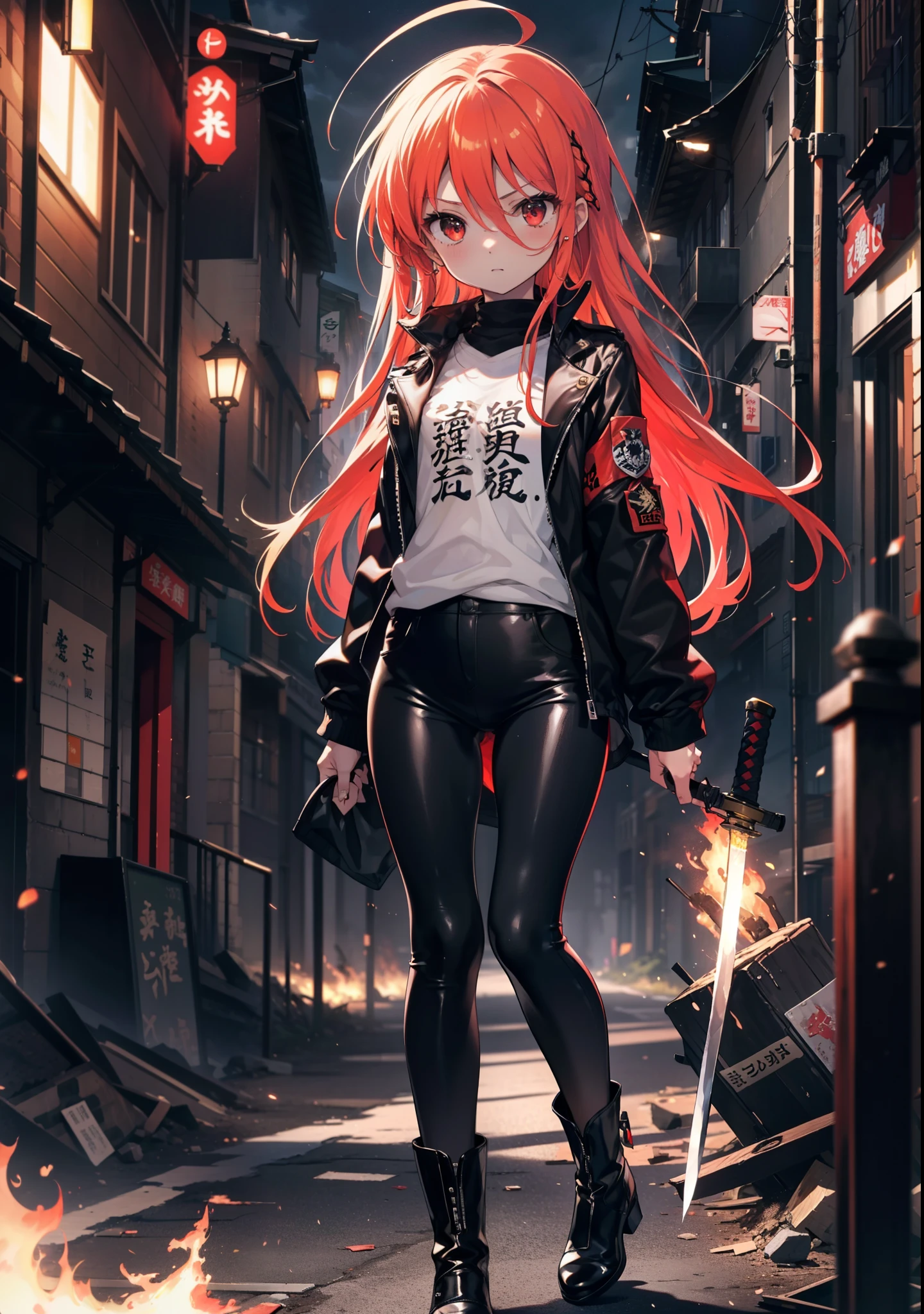 Shana,灼眼のShana,Long Hair, Redhead, Red eyes, Ahoge,Small breasts,Serious face,Black rider suit jacket,Black T-shirt,Leather pants,boots,rubble,The town is collapsing,Explosive Flame,A long Japanese sword wrapped in flames:1 is stuck in the ground,night,moonlight,Are standing,whole bodyがイラストに入るように,　　　　　　　　　　　　　break outdoors, Building district,　　　　　　　　　　　　　　　break looking at viewer, whole body, 　　　　　　　　break (masterpiece:1.2), Highest quality, High resolution, unity 8k wallpaper, (shape:0.8), (Beautiful attention to detail:1.6), Highly detailed face, Perfect lighting, Extremely detailed CG, (Perfect hands, Perfect Anatomy),