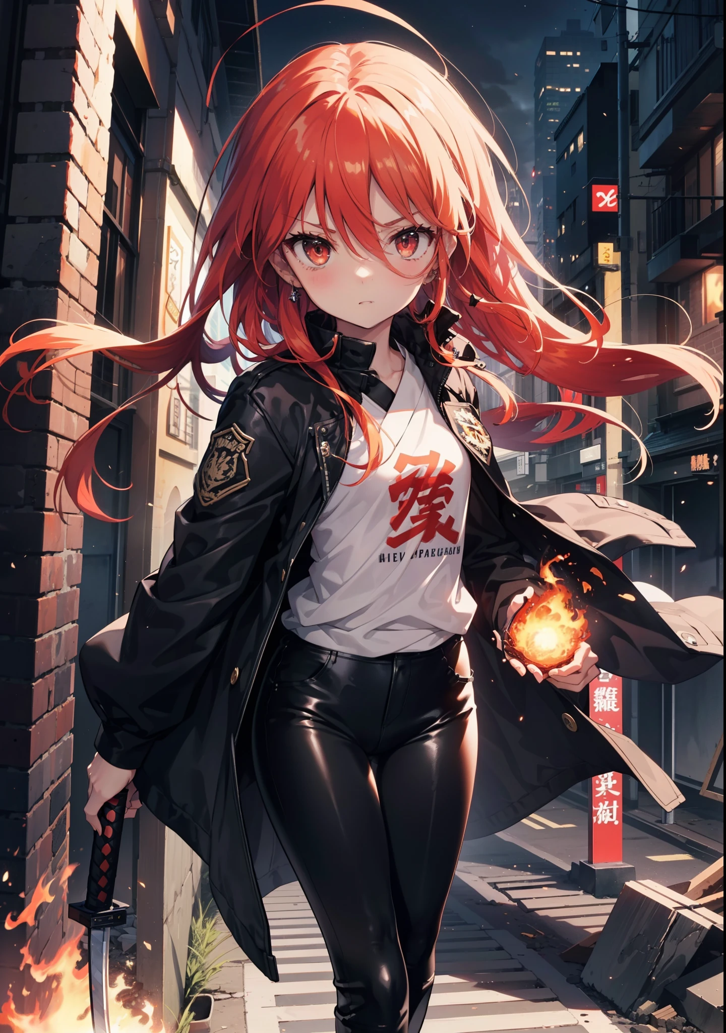 Shana,灼眼のShana,Long Hair, Redhead, Red eyes, Ahoge,Small breasts,Serious face,Black rider suit jacket,Black T-shirt,Leather pants,boots,rubble,The town is collapsing,Explosive Flame,A long Japanese sword wrapped in flames:1 is stuck in the ground,night,moonlight,Are standing,whole bodyがイラストに入るように,　　　　　　　　　　　　　break outdoors, Building district,　　　　　　　　　　　　　　　break looking at viewer, whole body, 　　　　　　　　break (masterpiece:1.2), Highest quality, High resolution, unity 8k wallpaper, (shape:0.8), (Beautiful attention to detail:1.6), Highly detailed face, Perfect lighting, Extremely detailed CG, (Perfect hands, Perfect Anatomy),