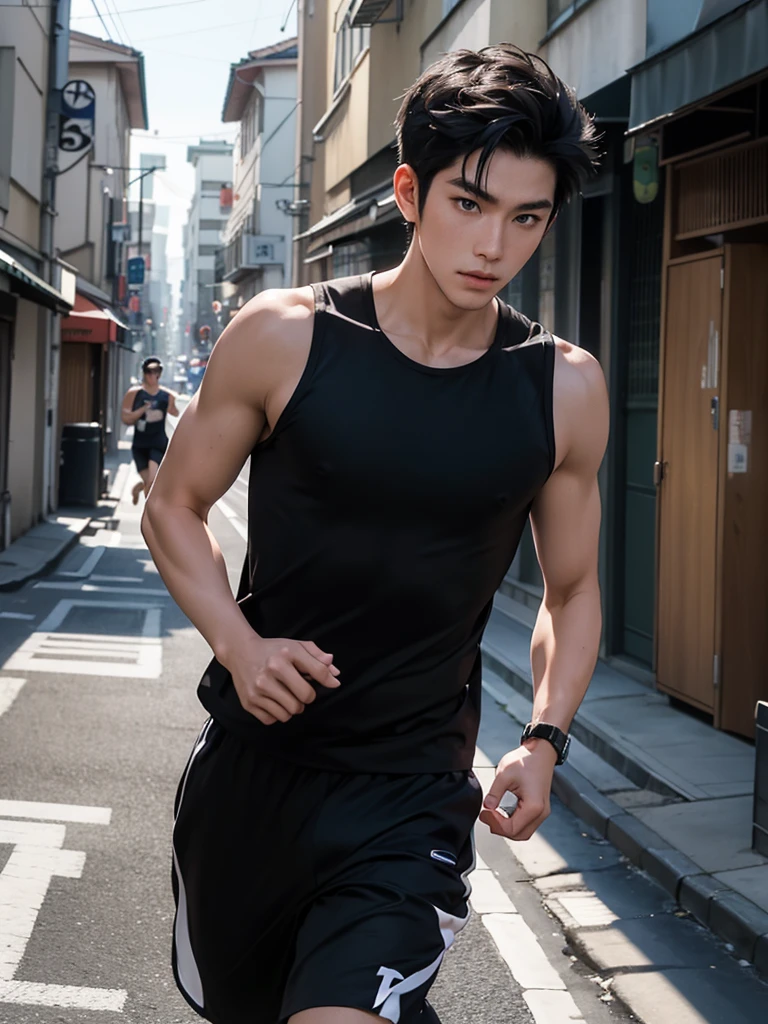 Cinematic Photo of a handsome japanese men 25-30 y.o fashion model, medium black hair. He is a runner. Wearing top tank. Running on the street on euro. Morning time