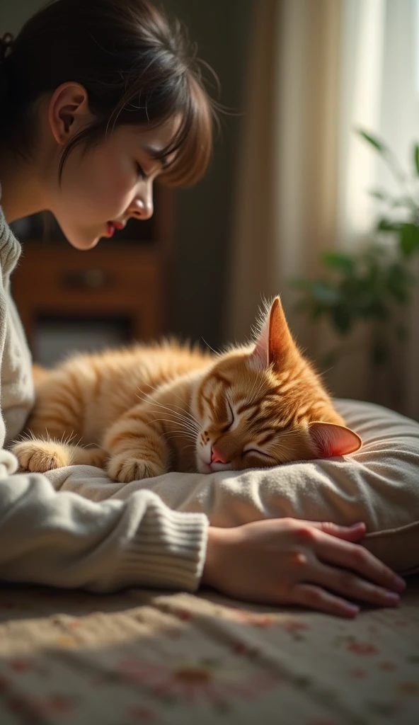 Scene 14: The New Beginning
Location: A Warm Living Room
The orange cat is now clean and dry, lying on a soft cushion in the young woman’s home. It purrs contentedly as she pets it gently, finally finding the warmth and love it had lost long ago. The camera zooms out as the orange cat falls into a peaceful sleep, safe at last.