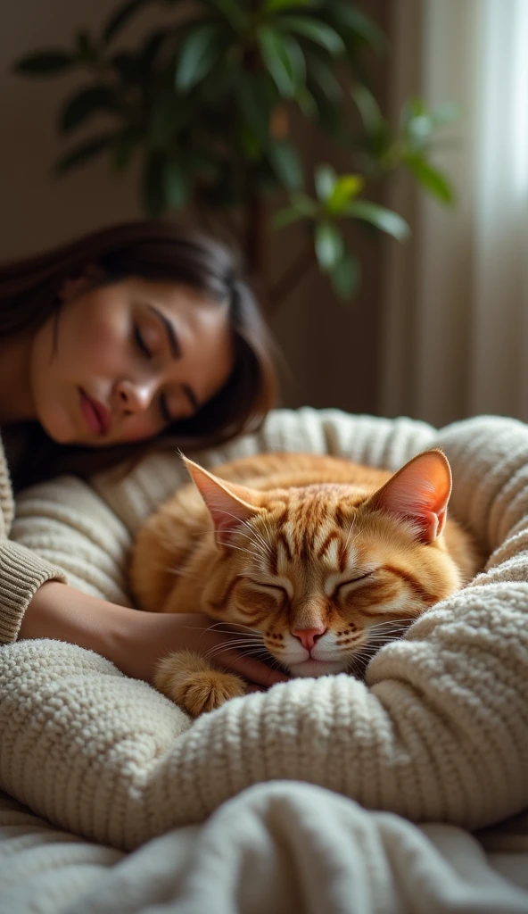 Scene 14: The New Beginning
Location: A Warm Living Room
The orange cat is now clean and dry, lying on a soft cushion in the young woman’s home. It purrs contentedly as she pets it gently, finally finding the warmth and love it had lost long ago. The camera zooms out as the orange cat falls into a peaceful sleep, safe at last.