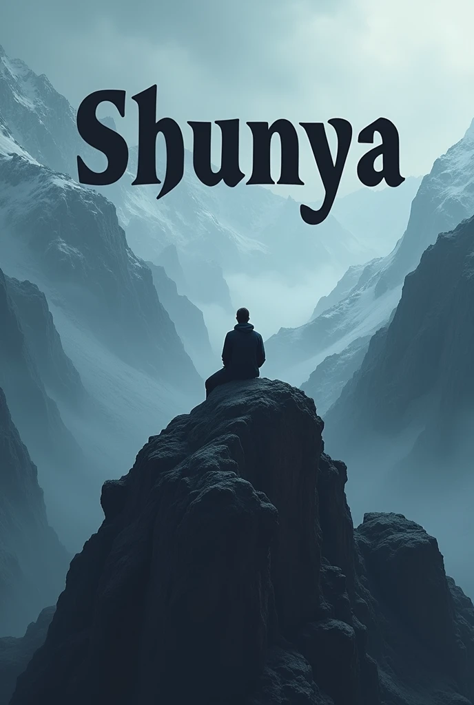 I want to create a youtube thumbnail for a rap song whose name is shunya means zero . In tue image a man is sitting on the top of mountains with a dark shade and a dark text on the image of shunya and very beautiful view