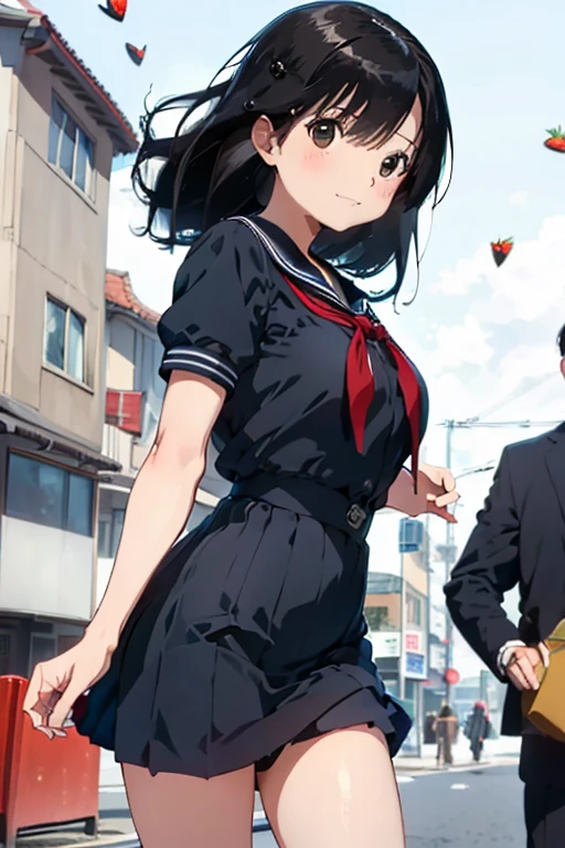 ((Highest quality)), ((masterpiece)), (detailed),Perfect Anatomy，A very cute, baby-faced, black-haired woman,((Highest quality, 8k, masterpiece: 1.3, )),A woman with very small breasts,Well-proportioned, slim body，Long, slender legs，Long, thin hands， detailedな顔, detailedな肌, fine grain, detailedな唇, detailedな舌, detailedな指, Mouth detailed, Beautiful teeth alignment,Realistic,  High resolution, Natural light, Dynamic pose,Toned Legs, double eyelid, Tear bags, Round eyes, Moisturized lips,    Cute smile ,    In the city where buildings stand side by side,,Black leather collar,For white sailor suit,Wearing a very short navy blue miniskirt,Strawberry patterned panties on a white background,red ribbon for sailor suit,Panties are visible,