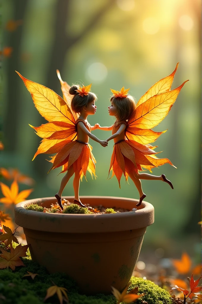 Two whimsical miniature fairy composed of delicately arranged autumn leaves, poised in a carefree dance on the rim of a weathered, moss-covered terracotta pot, set against a lush, vibrant forest backdrop, where dappled sunlight filters through the canopy above, casting intricate shadows. The overall aesthetic is ethereal, with warm, earthy tones of sienna, umber, and olive green, infused with hints of emerald and golden light, evoking a sense of wonder and enchantment, as if plucked from a fantastical realm