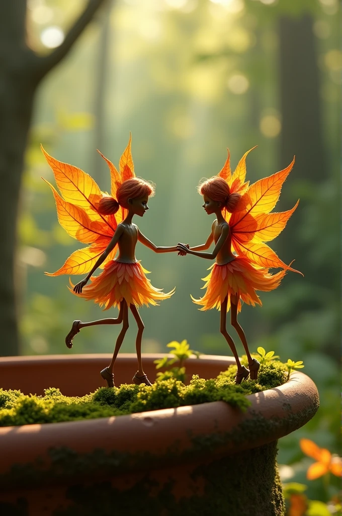 Two whimsical miniature fairy composed of delicately arranged autumn leaves, poised in a carefree dance on the rim of a weathered, moss-covered terracotta pot, set against a lush, vibrant forest backdrop, where dappled sunlight filters through the canopy above, casting intricate shadows. The overall aesthetic is ethereal, with warm, earthy tones of sienna, umber, and olive green, infused with hints of emerald and golden light, evoking a sense of wonder and enchantment, as if plucked from a fantastical realm