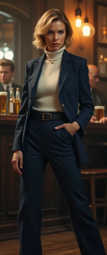 (( Karate pose, straight punch)), Full body, solon, woman of 007 , in Pub , (1 Scottish woman , 30 age old ,(gold hair, short cut, serious, glare at man), ((wearing Navy Blue blazer jacket, white turtleneck sweater, Navy Blue pants, leather black belt, brown shoes :1.5)) , ((super detail, high details, high quality, accurate, anatomically correct, textured skin, beautiful fingers super detail, high details, high quality, best quality))