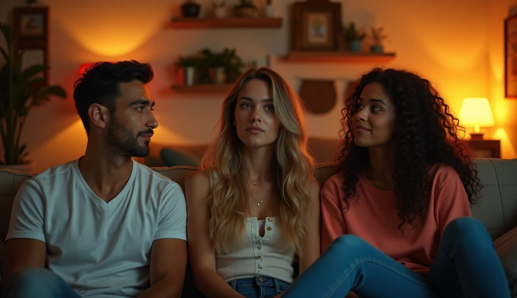 A highly realistic, high-contrast, 8K HD, detailed, hyper-detailed image of a group of young men and women sitting on sofas in an American-style room, illuminated by warm, orange lighting. The room is cozy with modern furniture, and the atmosphere is relaxed as they engage in conversation. The faces of the individuals are clearly visible, with distinct, serious or neutral expressions, and hairstyles that can be easily recognized and replicated. The scene captures the casual and friendly vibe of the group in a comfortable, inviting setting, without any smiling expressions.