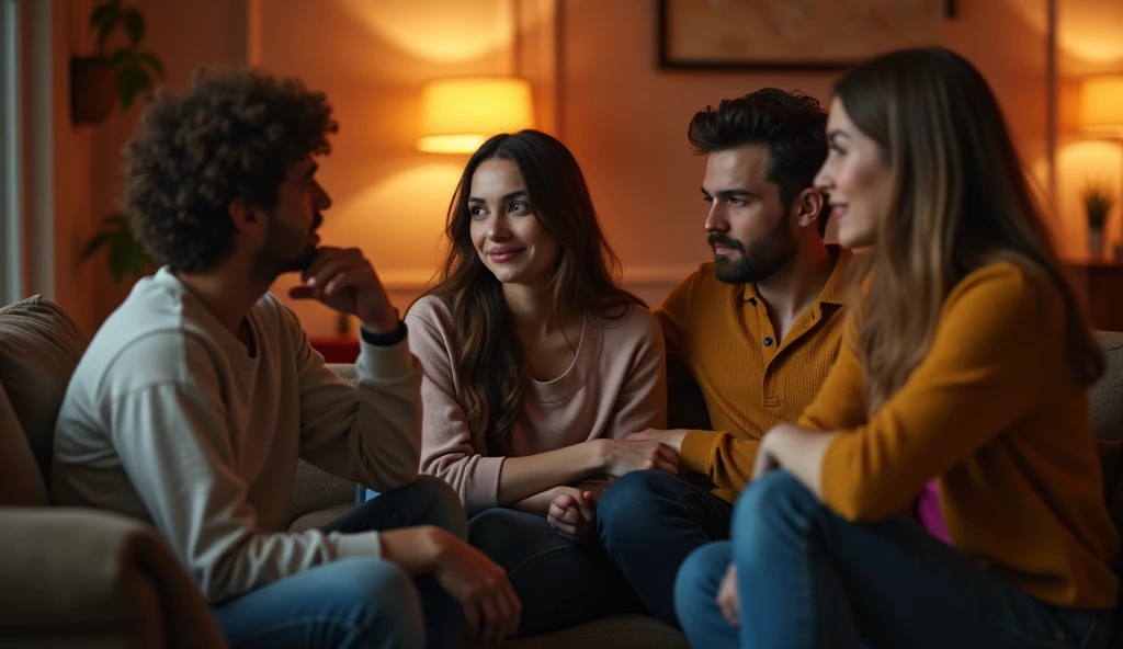 A highly realistic, high-contrast, 8K HD, detailed, hyper-detailed image of a group of young men and women sitting on sofas in an American-style room, illuminated by warm, orange lighting. The room is cozy with modern furniture, and the atmosphere is relaxed as they engage in conversation. The faces of the individuals are clearly visible, with distinct, serious or neutral expressions, and hairstyles that can be easily recognized and replicated. The scene captures the casual and friendly vibe of the group in a comfortable, inviting setting, without any smiling expressions.