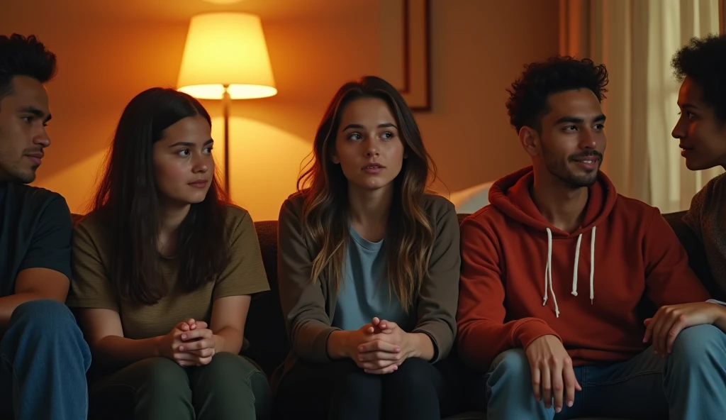 A highly realistic, high-contrast, 8K HD, detailed, hyper-detailed image of a group of young men and women sitting on sofas in an American-style room, illuminated by warm, orange lighting. The room is cozy with modern furniture, and the atmosphere is relaxed as they engage in conversation. The faces of the individuals are clearly visible, with distinct, serious or neutral expressions, and hairstyles that can be easily recognized and replicated. The scene captures the casual and friendly vibe of the group in a comfortable, inviting setting, without any smiling expressions.