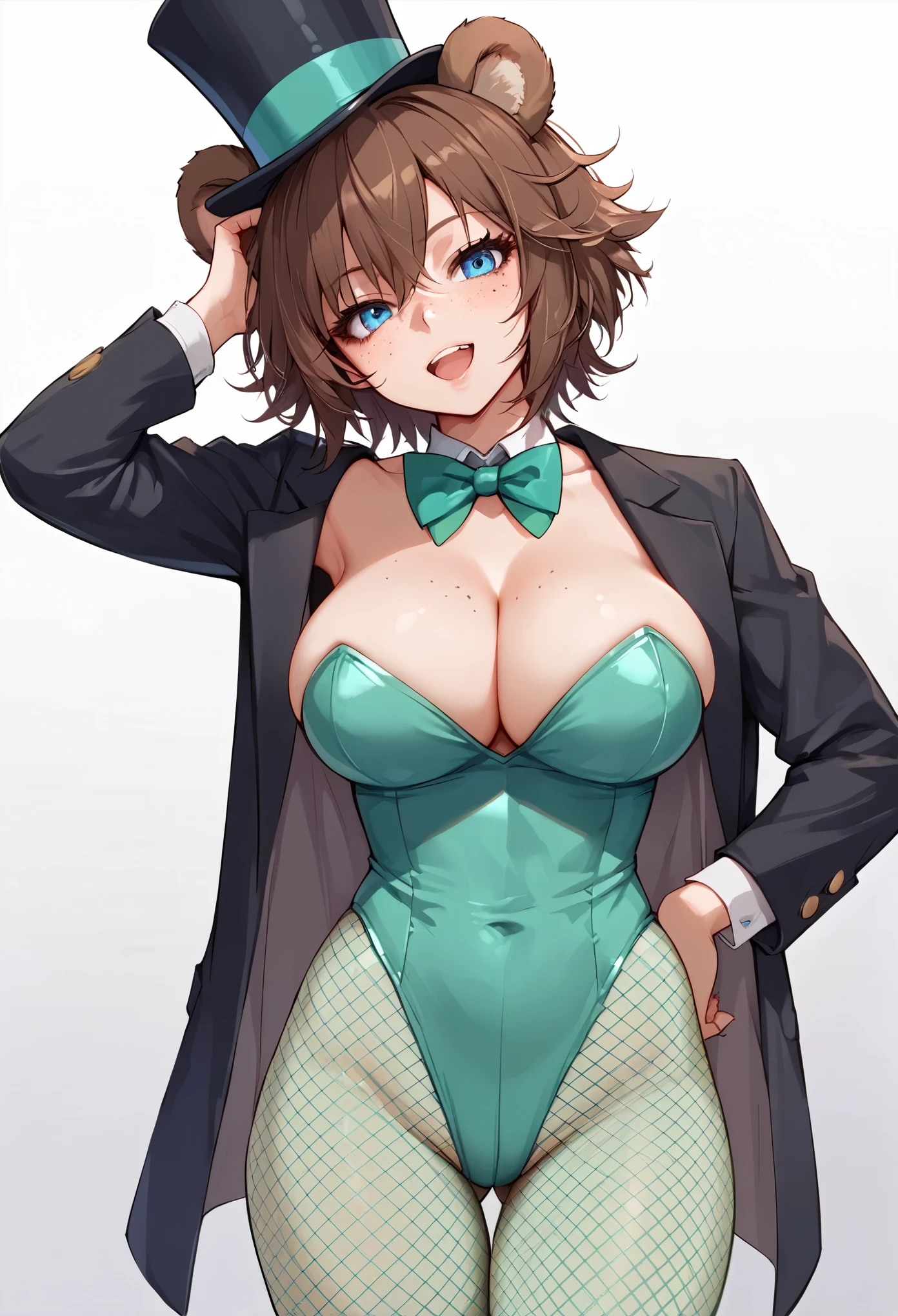 score_9_up, score_8_up, score_7_up, 1girl, solo, source_anime, hourglass figure, Big breasts, kemonomimi, bear ears, brown hair, short hair, messy_hair, blue eyes BREAK freckles, (magician), top hat, adjusting headwear, black jacket, green leotard, fishnet pantyhose, bowtie, cleavage, open mouth, bowtie, Open jacket, white background, gradient background, standing, looking at viewer, teasing face