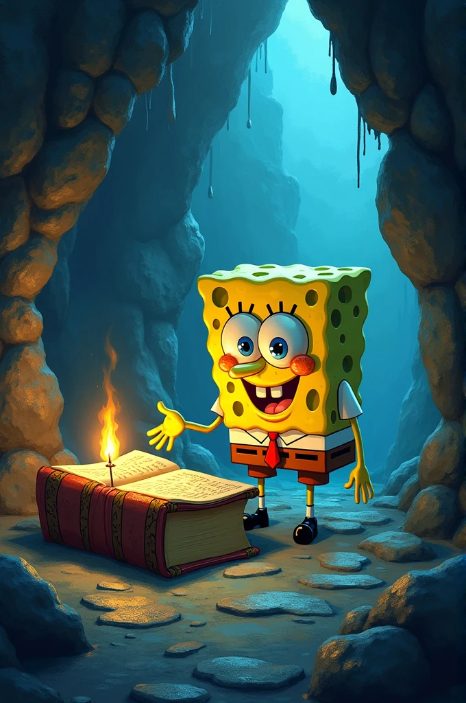 Spongebob finds a magic book in a cave with an evil face
