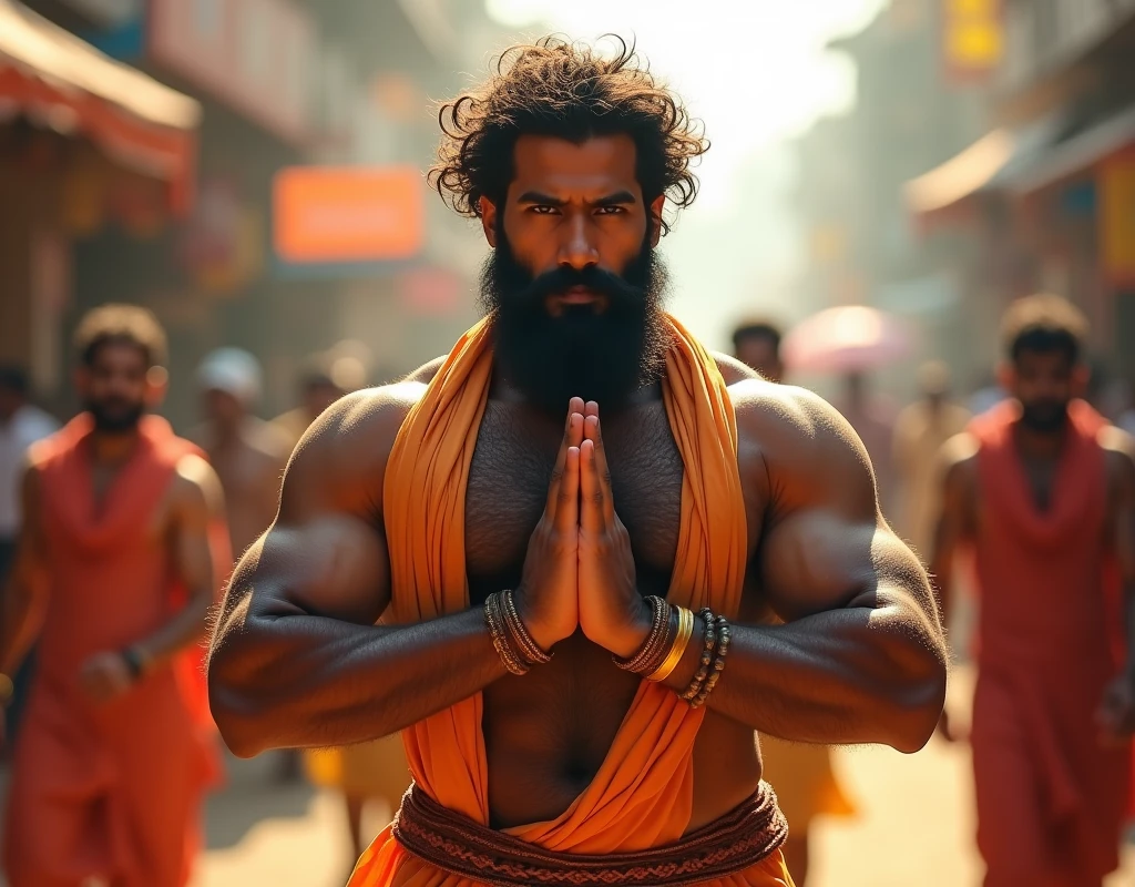 Musculer man,Black beard,wearing Kurta pejama,Hairy show Chest, Doing Adab pose, Attractive Eye Contact, Standing pose,in public indias Road in sunny day