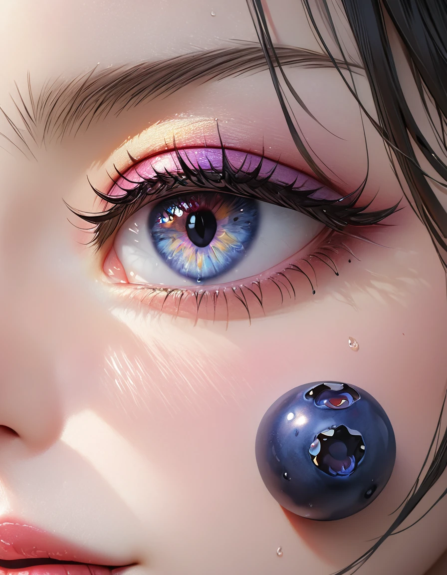 1girl, blueberry, fruits, white background, black hair, beautiful detailed eyes, beautiful detailed lips, extremely detailed face and skin, longeyelashes, (best quality,4k,8k,highres,masterpiece:1.2),ultra-detailed,(realistic,photorealistic,photo-realistic:1.37),digital painting,vibrant colors,soft lighting,cinematic composition