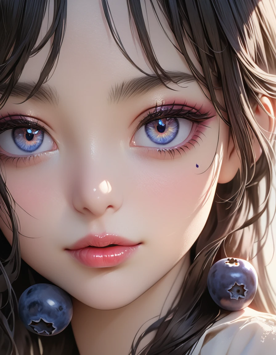 1girl, blueberry, fruits, white background, black hair, beautiful detailed eyes, beautiful detailed lips, extremely detailed face and skin, longeyelashes, (best quality,4k,8k,highres,masterpiece:1.2),ultra-detailed,(realistic,photorealistic,photo-realistic:1.37),digital painting,vibrant colors,soft lighting,cinematic composition