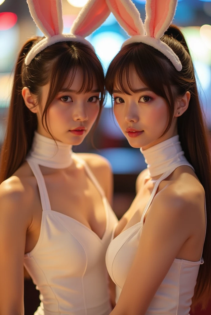 Two attractive Japanese women, 2, dressed elegantly in high-necked white bunny girl costumes at a casino、Her hair is light brown and tied in a ponytail, with a rabbit ear ornament on top of her head.、The photo shows her with a small chest and a calm expression.、It shows her inner peace and outer charm.。Gentle smile。