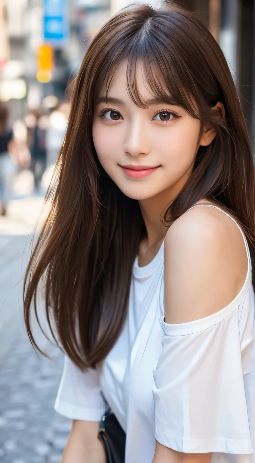 (top-quality,8K quality,masterpiece:1.3,),(Ultra-high resolution:1.3,Reality:1.4,Original photography:1.2),(ultra - detailed:1.2,Glossy glossy skin,Delicate skin:1.1),(Detailed face,perfect anatomia,Caustics),1 girl,kawaii,japanes,age 22,Japanese Ido,natural brown hair,Shoulder-length hair,pretty eyes,natural makeup,Oversized T-shirt,A smile,looking at the camera in,On the face,Face focus,on the street corner,Professional Writing,Natural soft light,