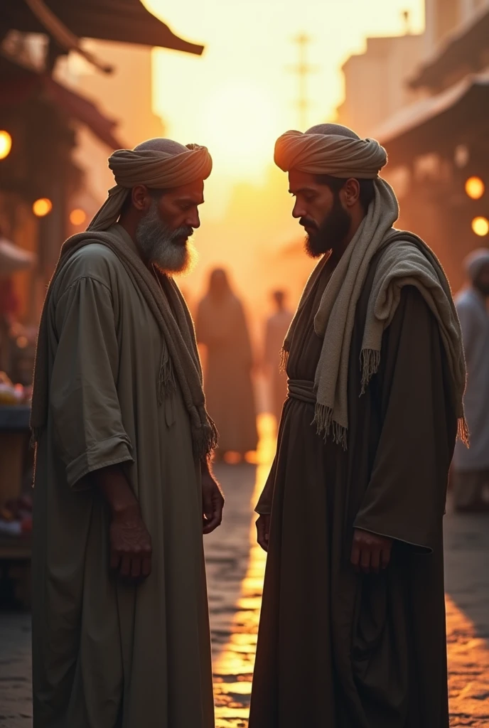 Two Muslim men,  sad and sad, standing in the market, early morning