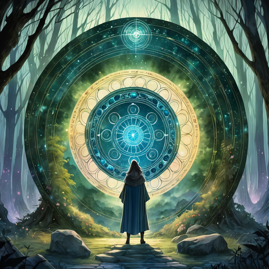 (Magic Circle:1.5), Aesthetic, Extremely detailed, excellent, illustration, Mid-shot, Magic Circle, curious, (Mystic energy:1.2) Internal rotation, Ancient Stone Circle, Misty Forest, Soft light, Two-tone lighting, Dim Lights, fantasy, Compared, Watercolor, Fairy Tale Core, Dream Core, adi granov, Brian Froud, John Jude Palenca.空中飘浮着的苍白色Magic Circle, ,The hero who stopped the world from being destroyed, The back of the character, City as background