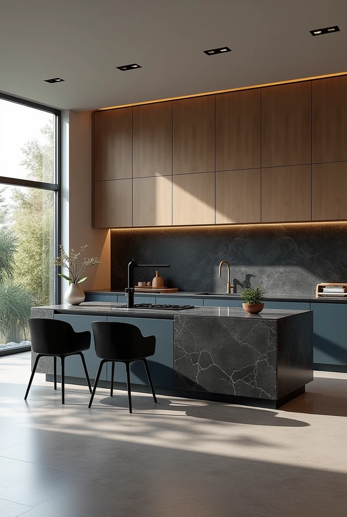 Professional 3d architecture rendering design of modern and minimal kitchen with so dark vintage blue and dark beige cabinets and modern windows and so dark gray marble slab stone island and black modern chairs and high quality