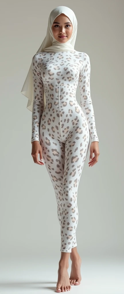 the beautiful,slender thin and clever Malaysian muslimah adult female girl with beautiful cheeks wears white leopard print lycra turtleneck unitard catsuit covered with seamless spots and always wear white leopard print lycra elastane stretchy dance wear hijab covered with seamless spots.She is very super beautiful.