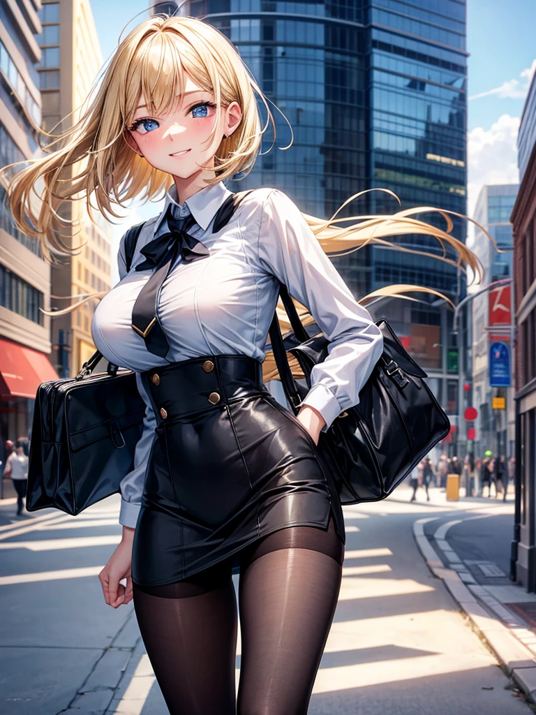 Anime style, super fine illustration, highly detailed, beautiful detailed, perfect detailed, super high quality image, static representation, gentle expression, happy expression, the pretty image, 8k, pretty 1girl with blonde straight short hair & blue eyes & a bright smile & full bust & soft fair skin is a female secretary not to show her skin wearing the business shirt & vest & black tight skirt & black pantyhose on the urban business buildings street, holding 1bag, in the morning, no more bag, happy stories, solo, perfect fingers, no more fingers, no less fingers, perfect arms, perfect legs, masterpiece.