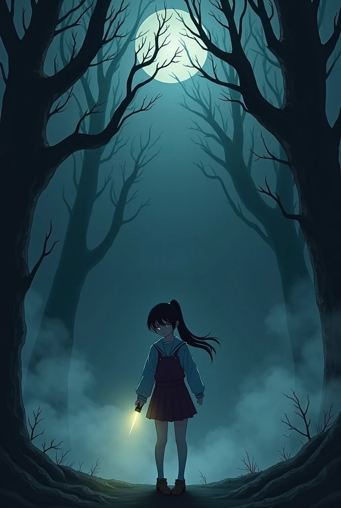 A horror or fantasy illustration depicting a female student looking scared and lost. She has long black hair tied in a loose ponytail and is standing at the edge of a dark and ominous forest at night. She is wearing a slightly crumpled school uniform and holding a flickering flashlight nervously. Her face is pale with fear. The forest around her is filled with twisted branches and fog swirling around her feet. A dim moonlight shines through the thick canopy, casting shadowy figures that seem to be watching her every move.