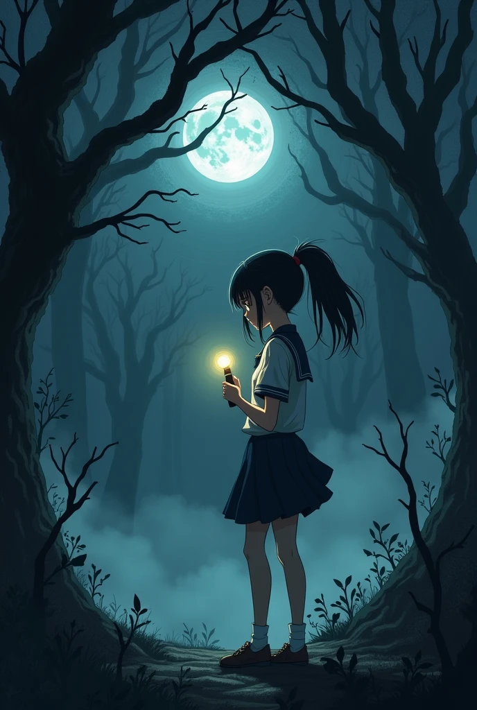 A horror or fantasy illustration depicting a female student looking scared and lost. She has long black hair tied in a loose ponytail and is standing at the edge of a dark and ominous forest at night. She is wearing a slightly crumpled school uniform and holding a flickering flashlight nervously. Her face is pale with fear. The forest around her is filled with twisted branches and fog swirling around her feet. A dim moonlight shines through the thick canopy, casting shadowy figures that seem to be watching her every move.