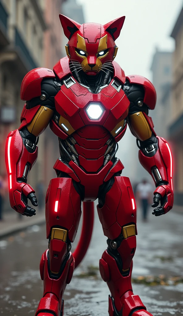 A burly red cat in the shape of Iron man, add a red light effect on each side of his body
